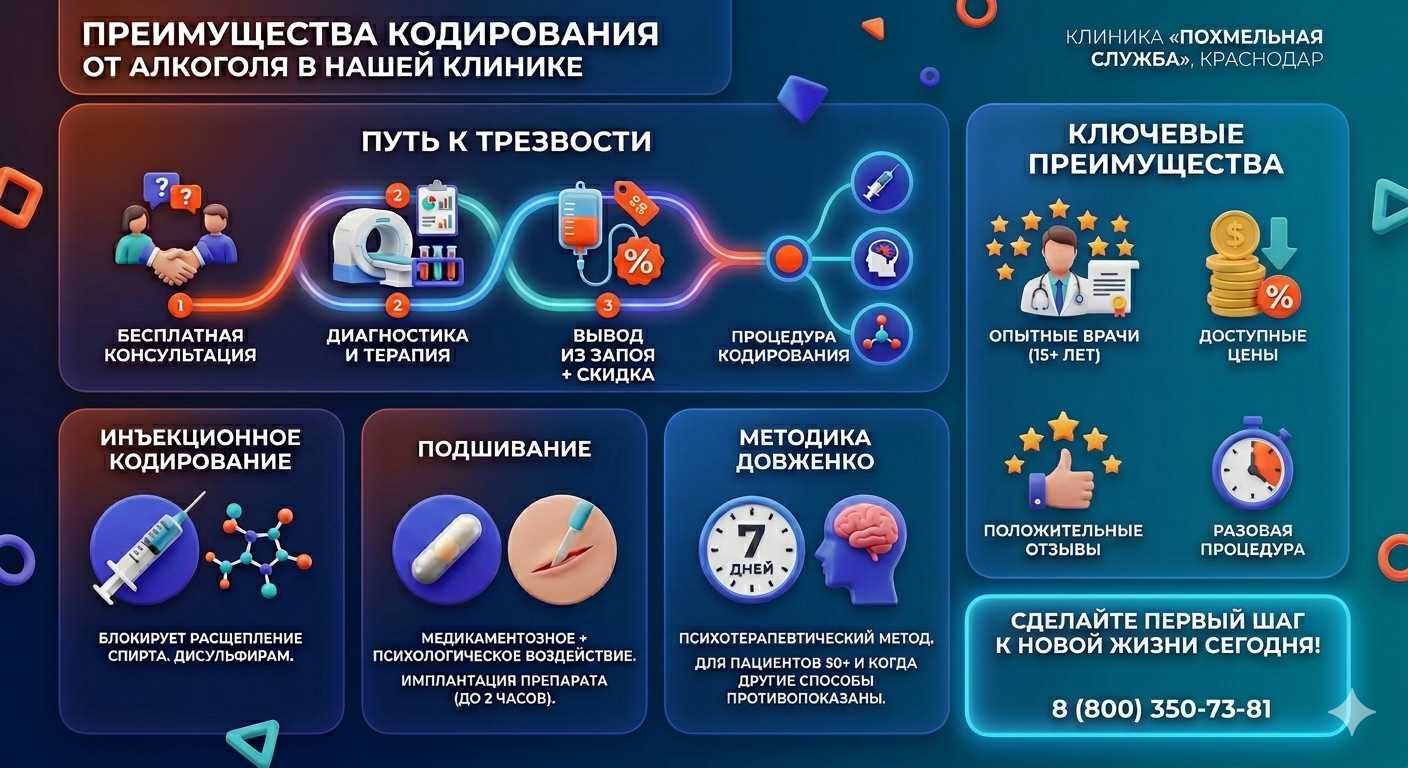 Инфографика о методах кодирования от алкоголя в Семёнове: инъекции, подшивание, метод Довженко. Преимущества клиники и этапы лечения.