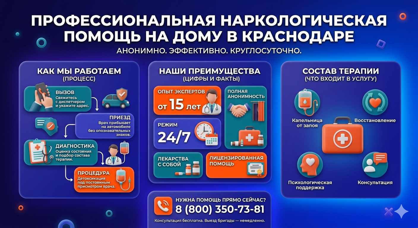 Инфографика о принципах лечения алкоголизма на дому в Семёнове: этапы вызова нарколога, преимущества анонимной детоксикации и состав медицинской помощи.